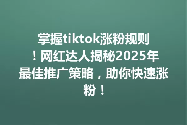 掌握tiktok涨粉规则!网红达人揭秘2025年最佳推广策略,助你快速涨粉! 一