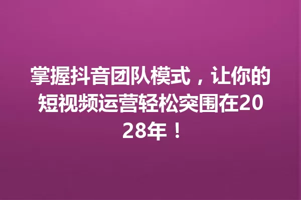 掌握抖音团队模式,让你的短视频运营轻松突围在2028年! 一